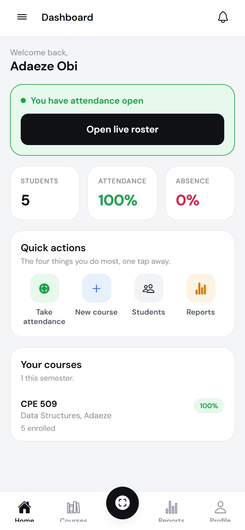 The Attender app on a lecturer's phone: a live session banner with an Open live roster button, student and attendance numbers, and quick actions.