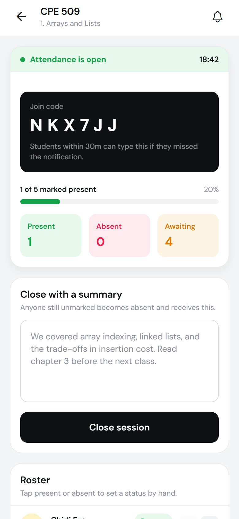 The Attender app's live roster for CPE 509: a join code, one of five students marked present, and a box to close the session with a summary.