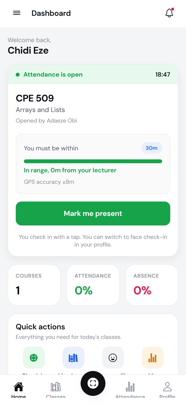 The Attender app on a student's phone: attendance is open for CPE 509, the student is in range, and a Mark me present button is ready.
