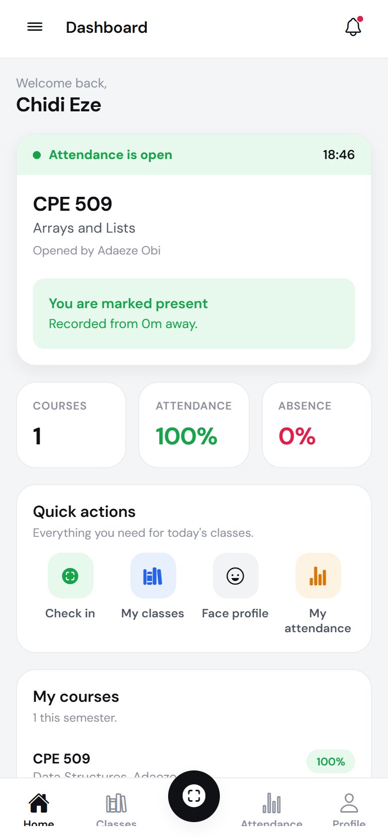 The Attender app confirming the student is marked present, recorded from 0m away, above their attendance numbers.